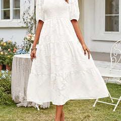 Jacquard Crew Neck Maxi Dress Ruched Short Sleeve