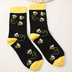 Cartoon Bee Print Socks Women's Comfy Mid Tube Stockings