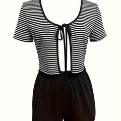 Striped Print Pajamas Set V Neck Top & Shorts