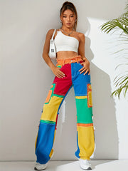 High Waist Colorblock Straight Jeans for Women