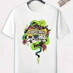 Men's Skull & Snake Print Tee Stretch Breathable Outdoor T-shirt