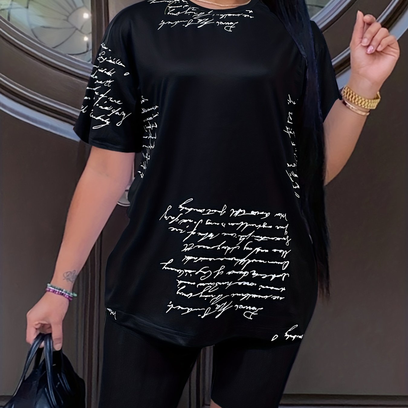 Letter Print Matching Set Short Sleeve T shirt & Biker Shorts