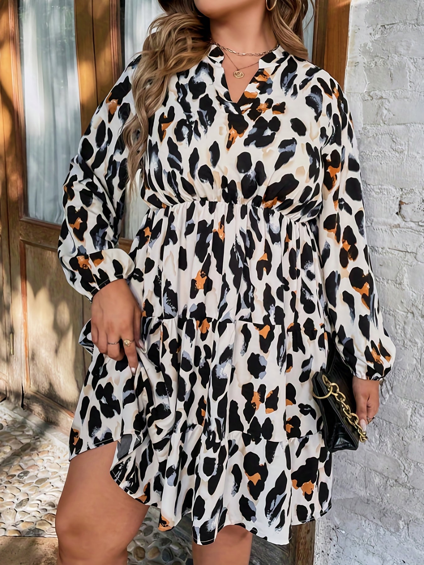 Leopard Print Lantern Sleeve A-line Dress