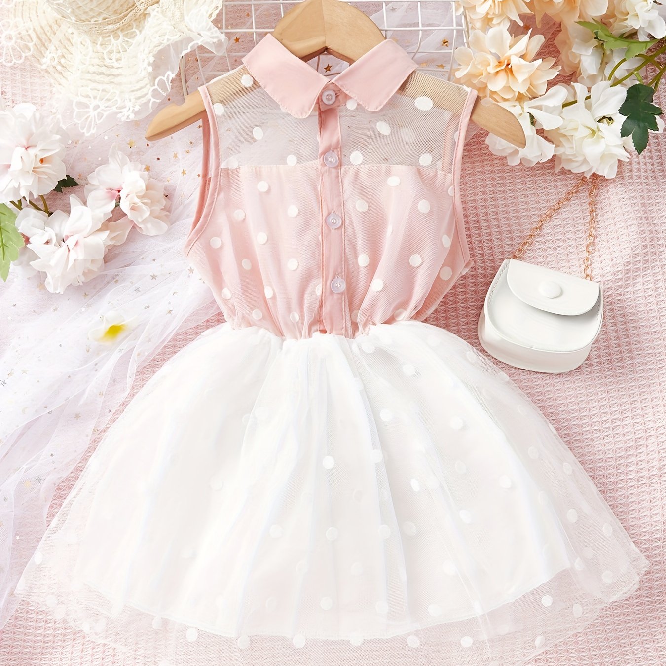 Girls Sleeveless Polka Dots Mesh Dress