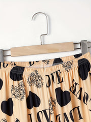 Heart Print Sleep Bottom Cozy Elastic Waist Long Pants