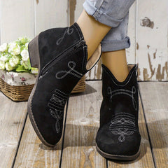 Embroidered Western Ankle Boots V Cut Side Zipper Low Heels Pointed Toe Cowgirl
