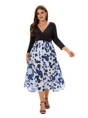 Colorblock Floral Print V Neck Midi Dress