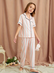 Kids Pajamas Striped V Neck Shirt & Pants Loungewear Set