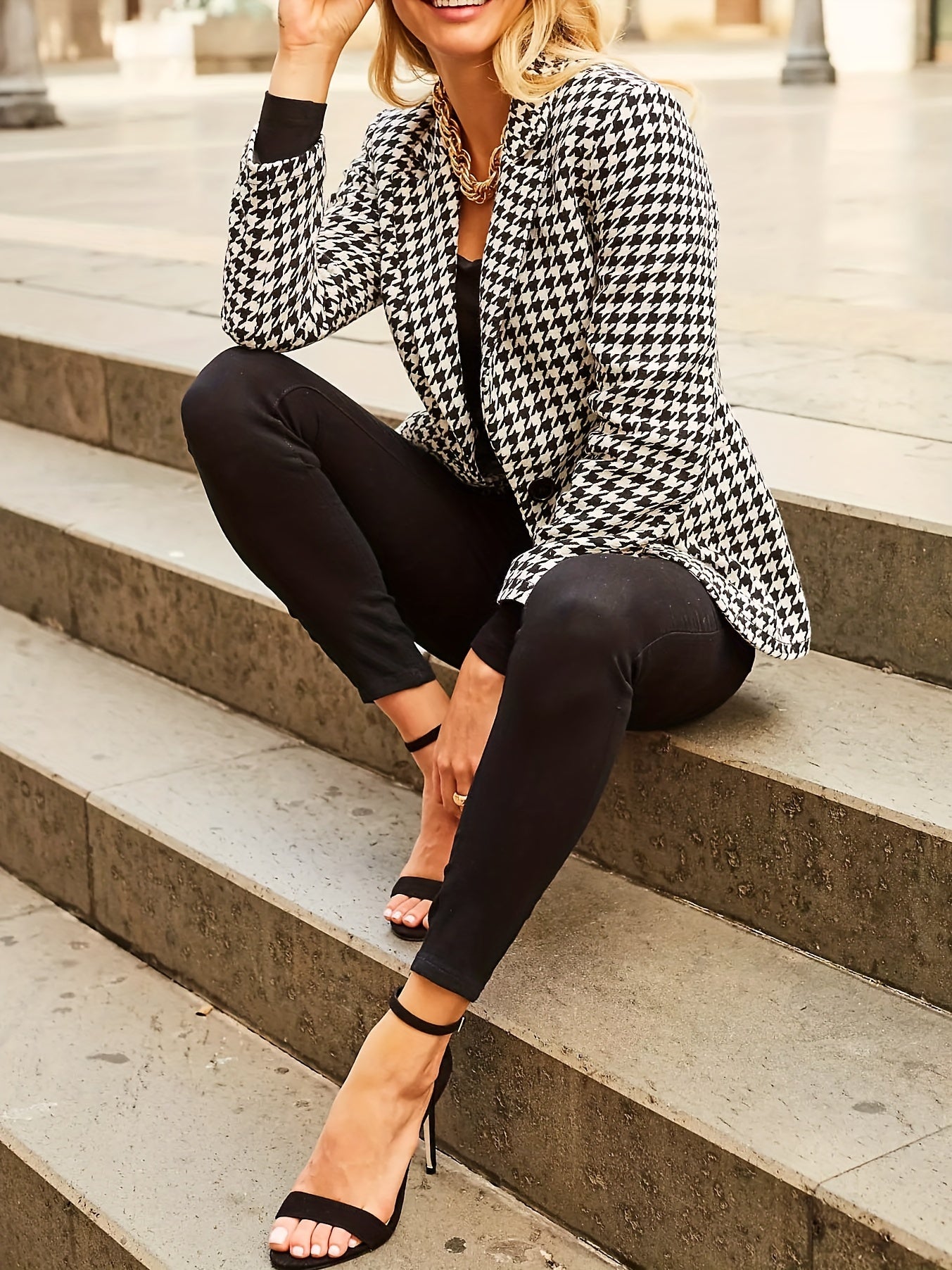Houndstooth Print Long Sleeve Blazer
