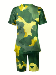Camo Print Two piece Set V Neck Tee & Workout Shorts