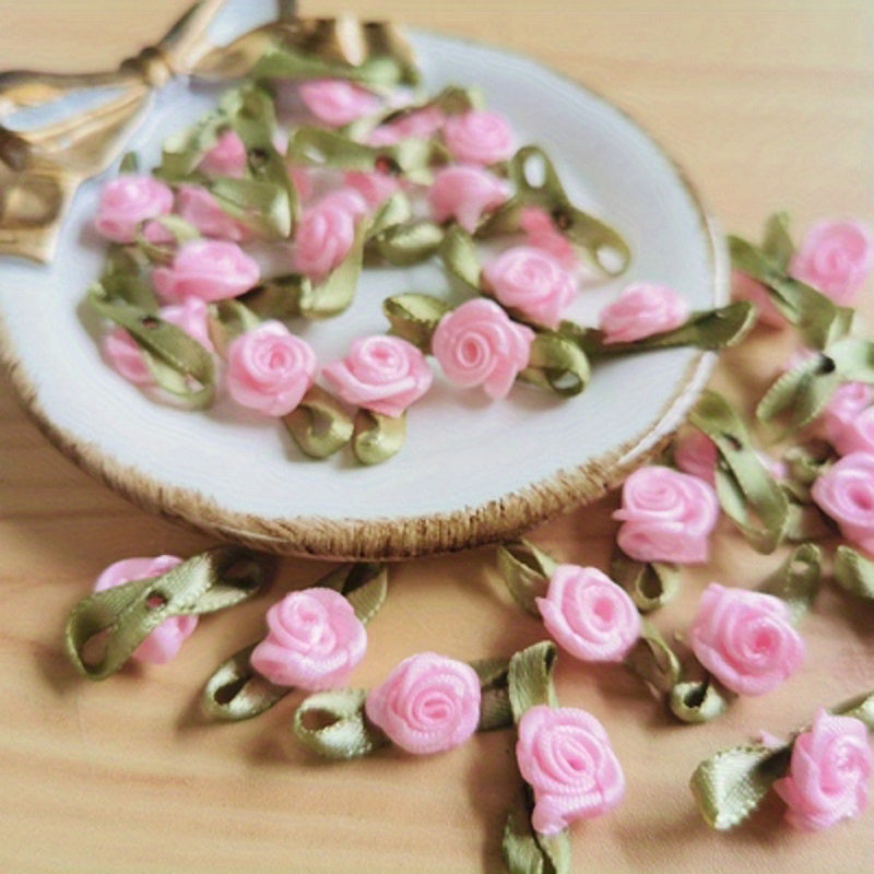 100pcs Ribbon Flower DIY Polyester Small Flower Rose Cloth Stickers
