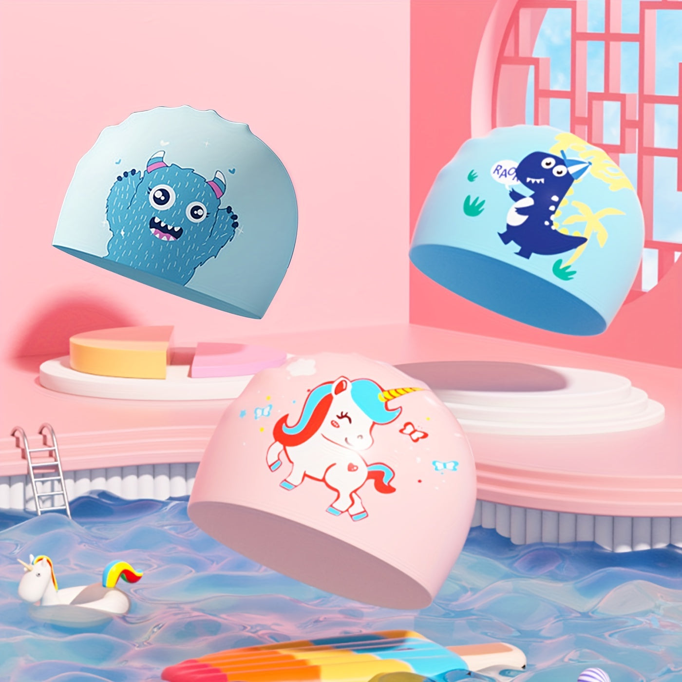 Kids Swimming Cap Silicone Cartoon Hair Cap Boys Girls Toddlers