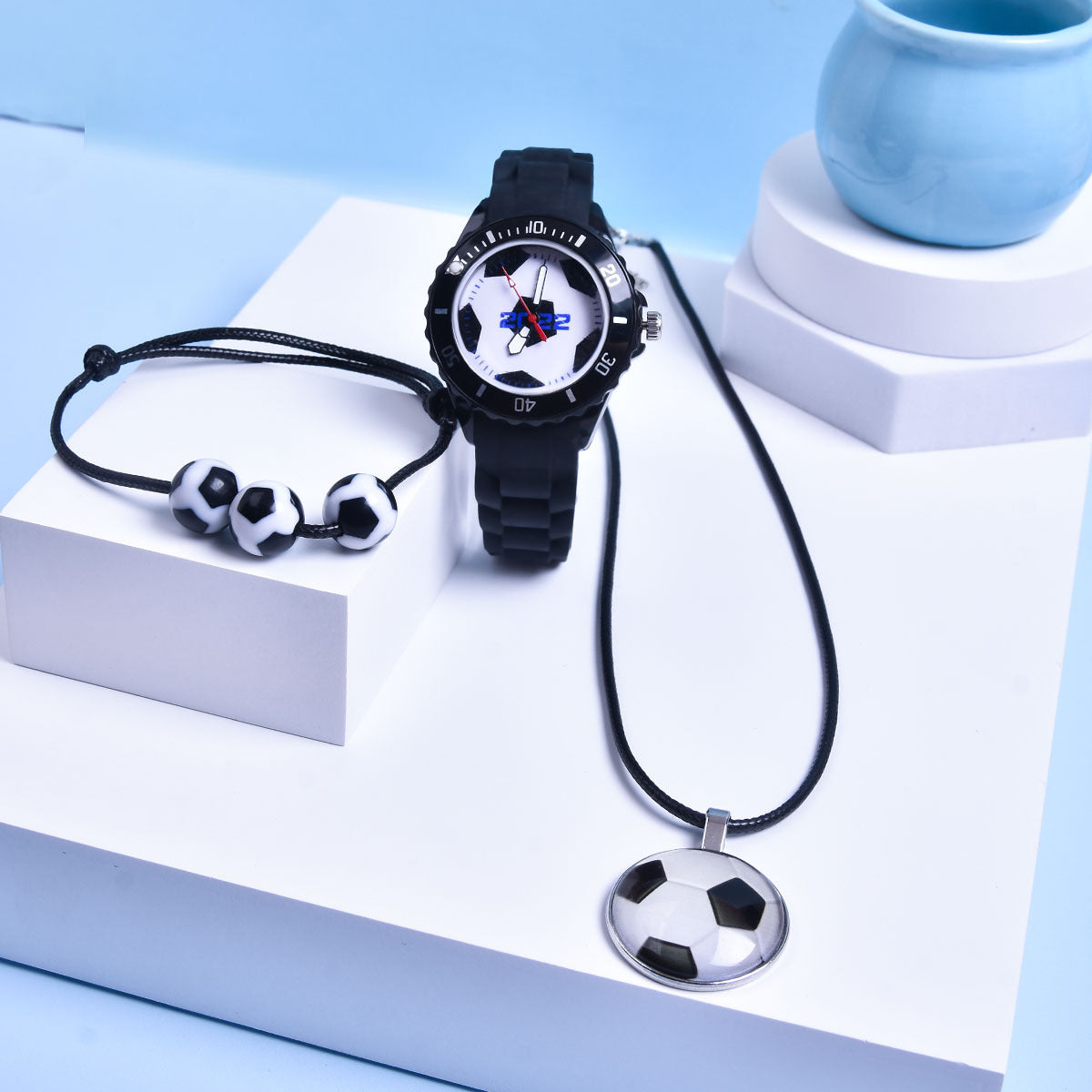Boys' Football Pattern Sports Watch Set with Bracelet & Necklace