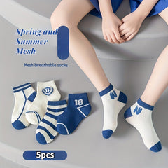 5pcs Boys Kids Cotton Breathable Striped Ankle Socks For Spring