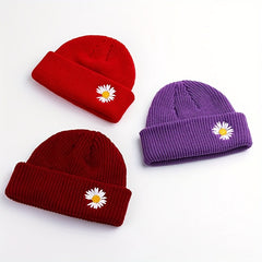 Daisy Embroidery Beanie Solid Skull Cap Lightweight Elastic Warm Knit Hat