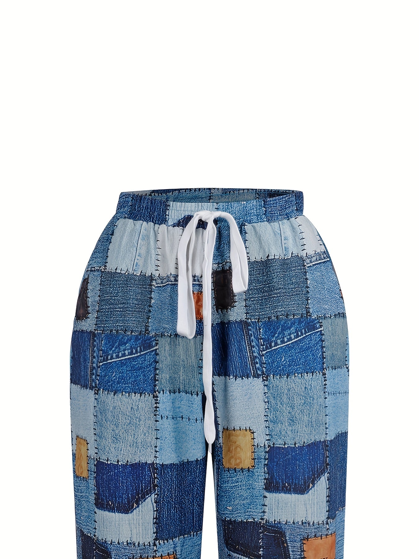 Denim Patchwork Print Straight Leg Pants Casual Drawstring Pocket Pants