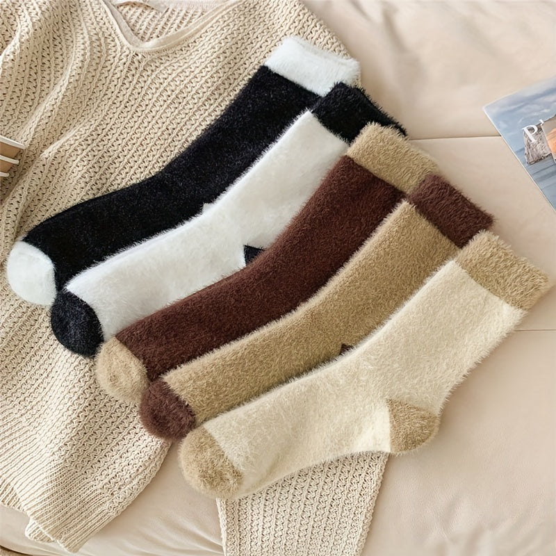 5 Pairs Fuzzy Colorblock Socks Cozy Warm Mid Tube Stockings