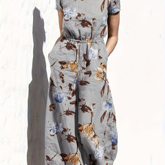 Floral Print Short Sleeve Maxi Dress With Belt & Pockets