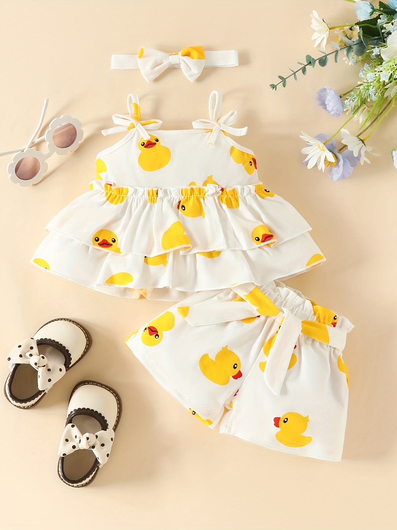 3pcs Baby Girls Duck Pattern Camisole Top & Shorts Set