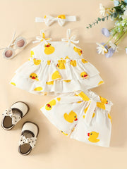 3pcs Baby Girls Duck Pattern Camisole Top & Shorts Set