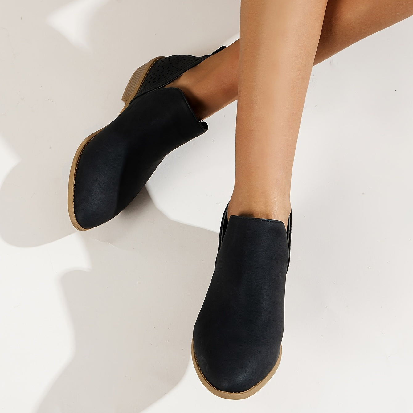 Women's V Cut Ankle Boots Block Heel Slip On Western Boots