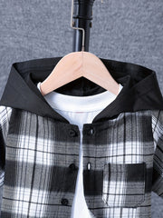 Boy's 2pcs Hooded Shirt & Shorts Set Plaid Print Casual Outfits Kids Clothes