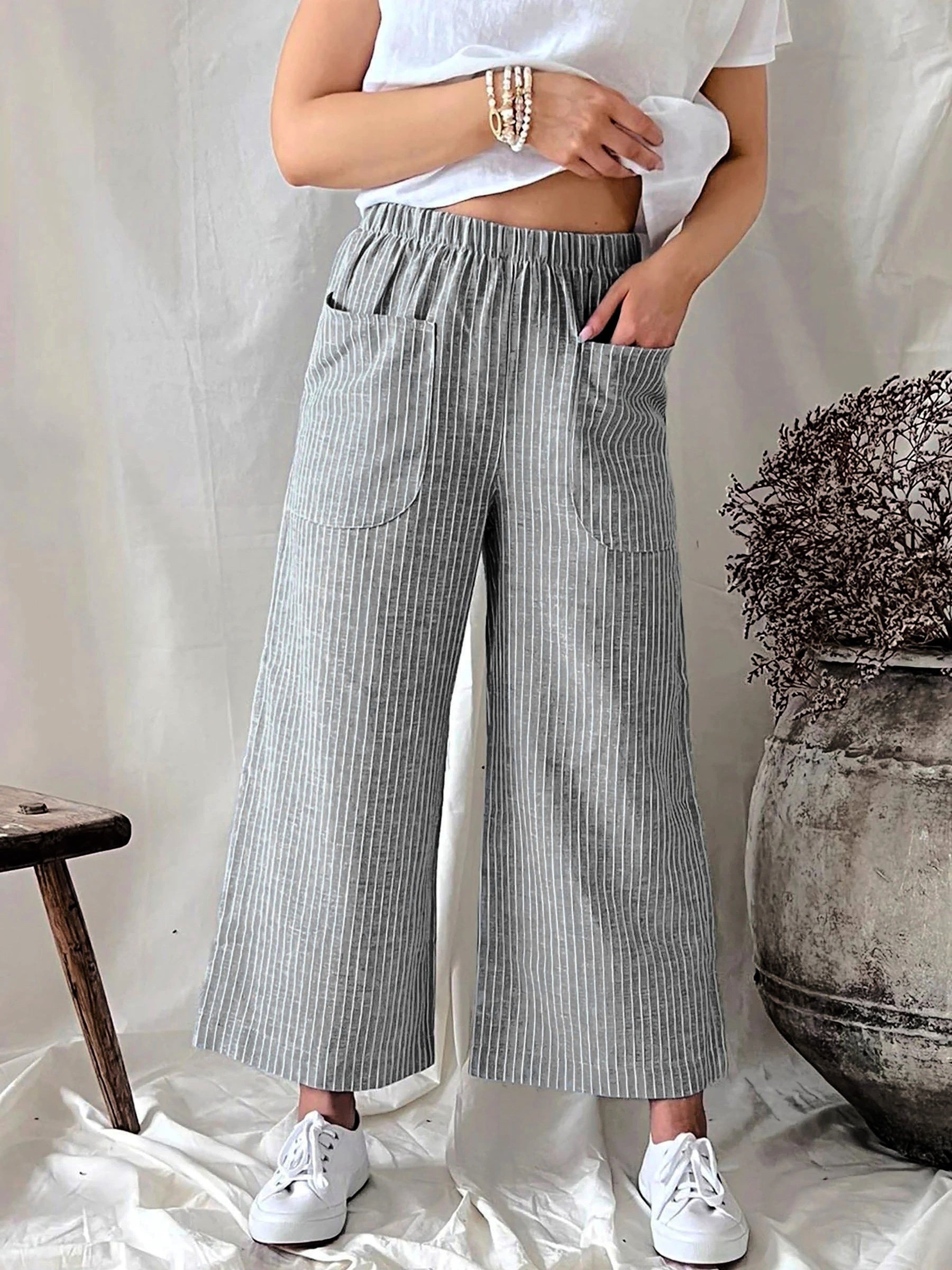 Striped Wide Leg Pants Elastic Waist With Pockets