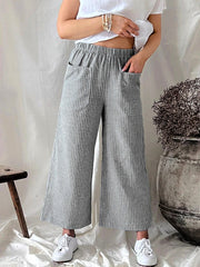 Striped Wide Leg Pants Elastic Waist With Pockets