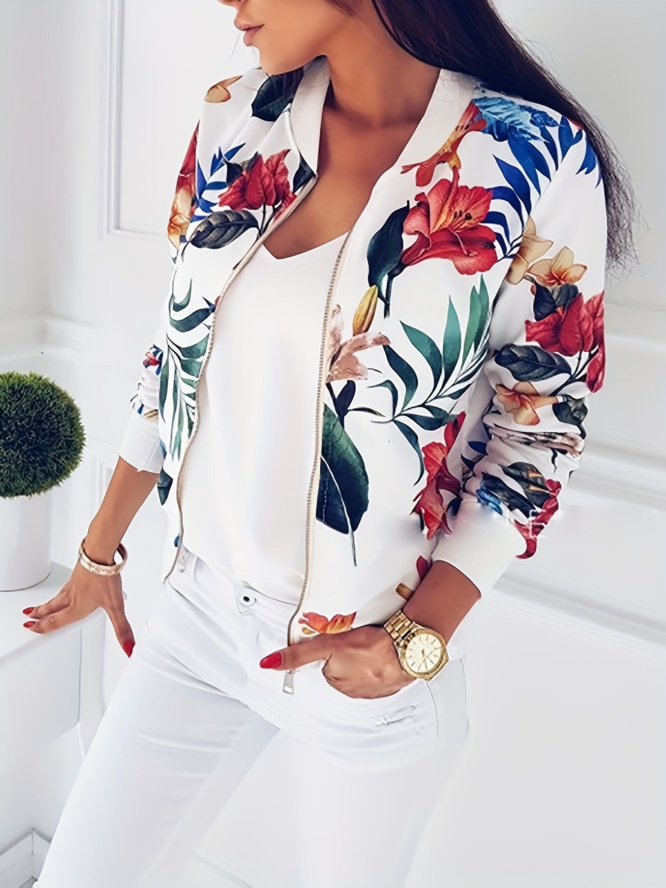 Floral Print Zip Up Jacket Casual Long Sleeve Jacket