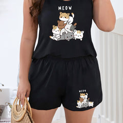 Cat & Letter Print Tank Top & Shorts Pajama Set