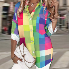 Colorful Grid Print Roll Up Sleeve Blouse