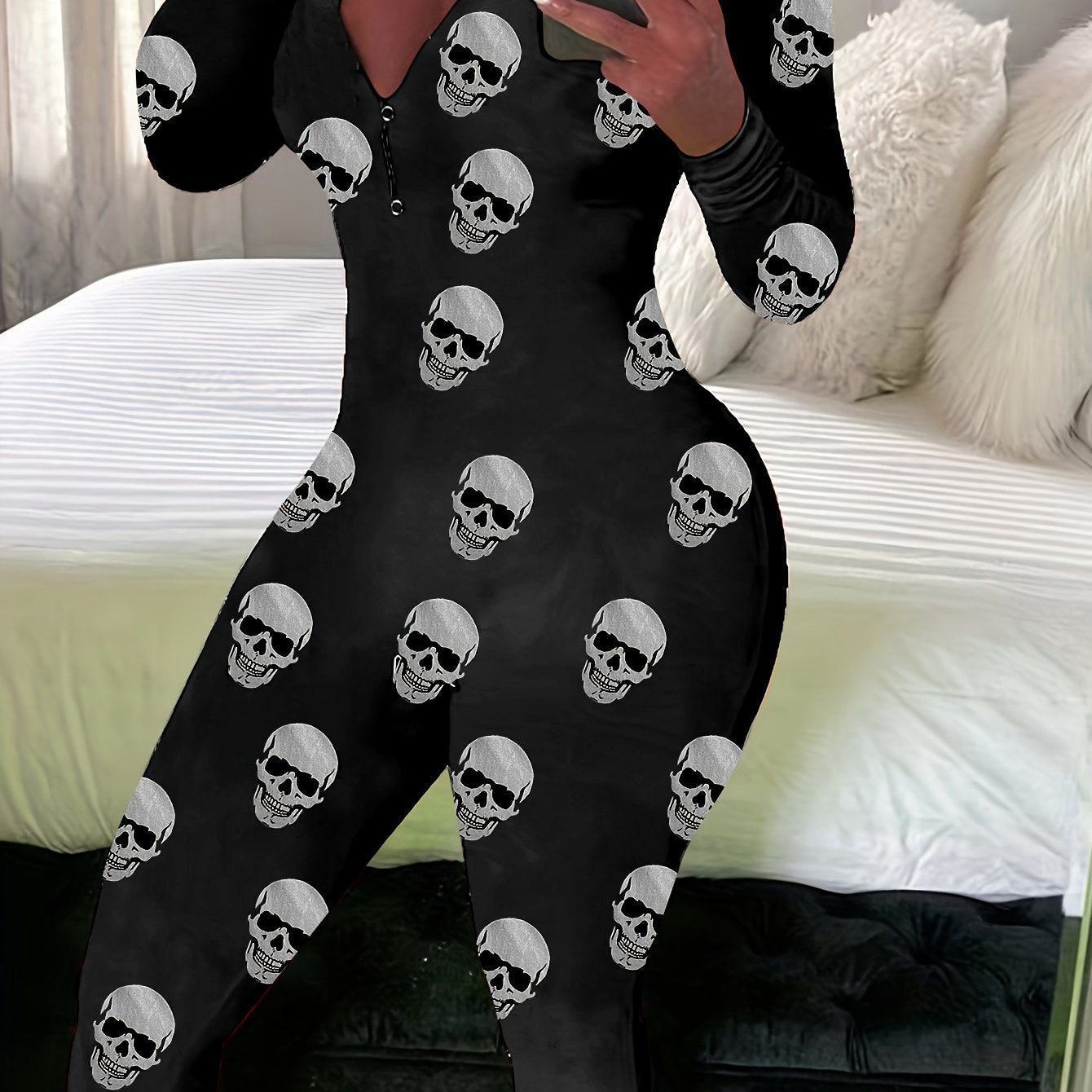 Skull Print Button Front Jumpsuit Long Sleeve Slim Fit Women's Clothing