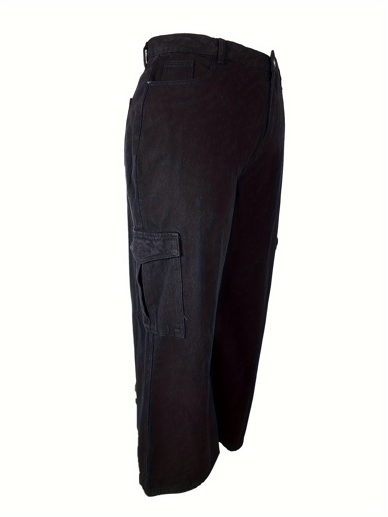 Solid High Rise Wide Leg Cargo Jeans With Pockets