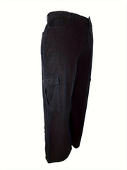 Solid High Rise Wide Leg Cargo Jeans With Pockets