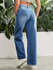 Distressed Straight Leg Jeans High Rise Slash Pocket Denim Pants