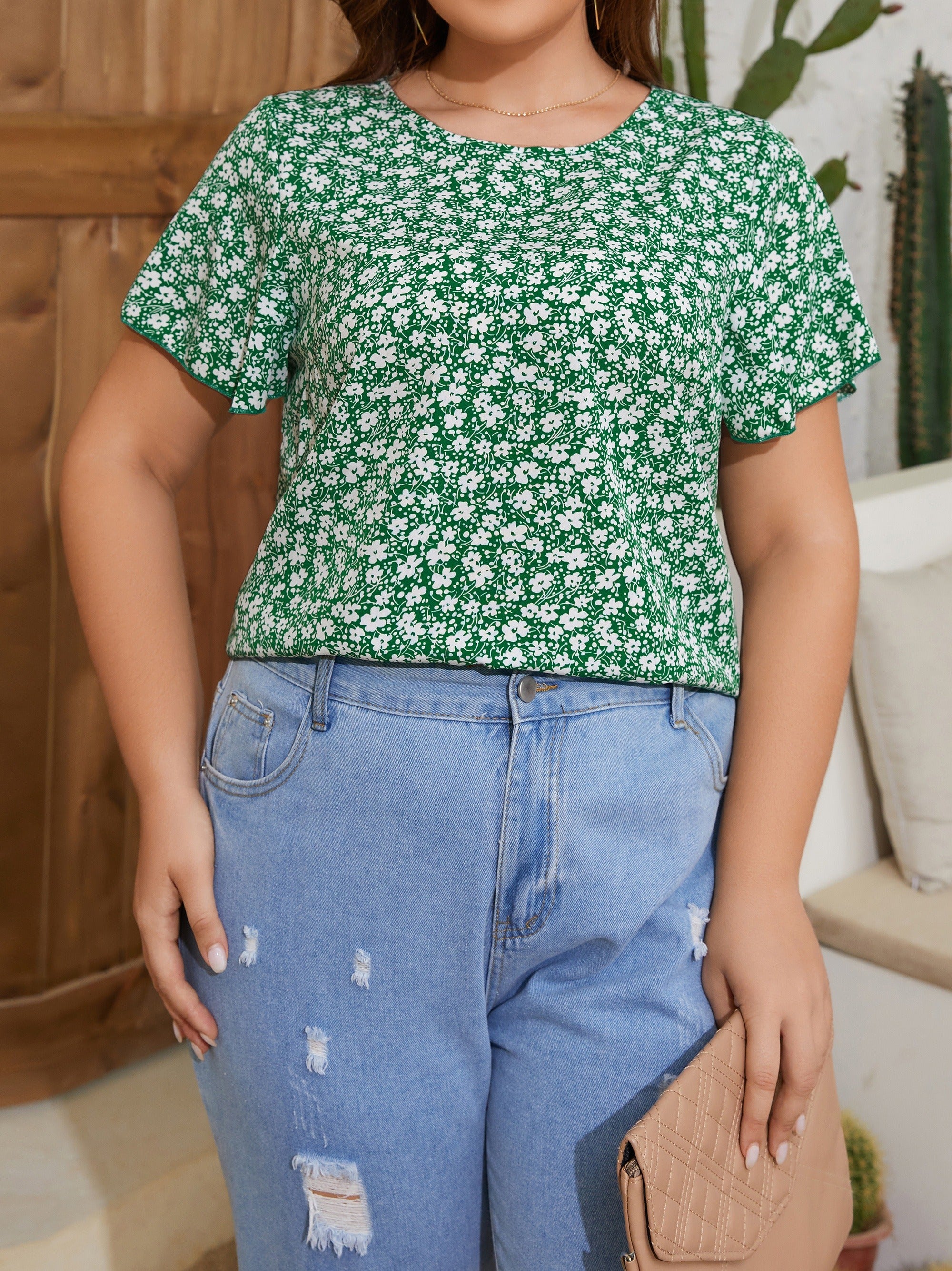 Ditsy Floral Print Butterfly Sleeve Blouse