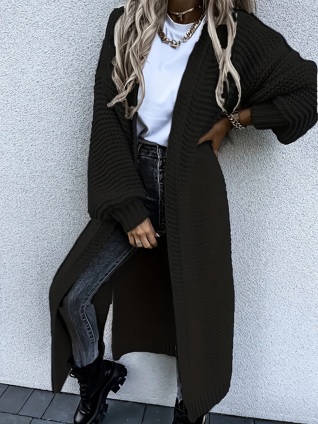 Solid Textured Lantern Sleeve Longline Cardigan
