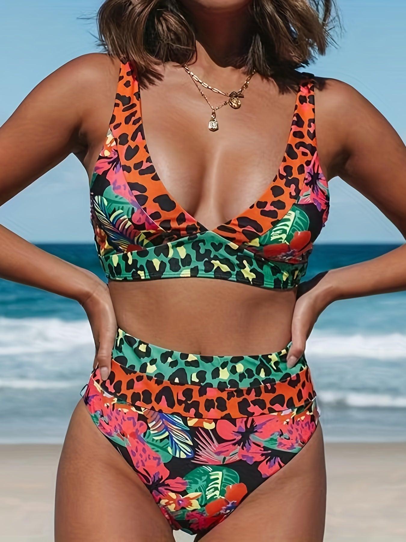 Leopard Floral 2 Piece Bikini V Neck High Waist Medium Stretch Swimsuit