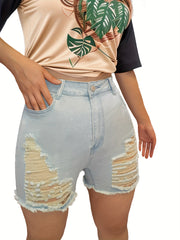 Sexy Denim Shorts Women's Plus Solid Ripped Raw Trim Button Fly