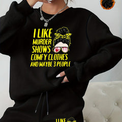 2 Piece Set Women's Slogan & Cartoon Print Sweatshirt & Shorts