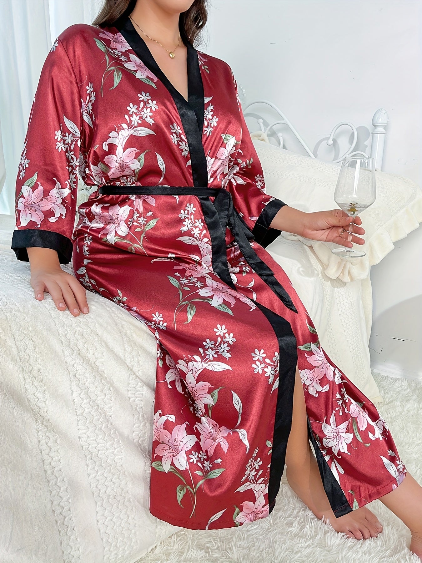 Satin Floral Print Robe Long Sleeve Belted Nightgown
