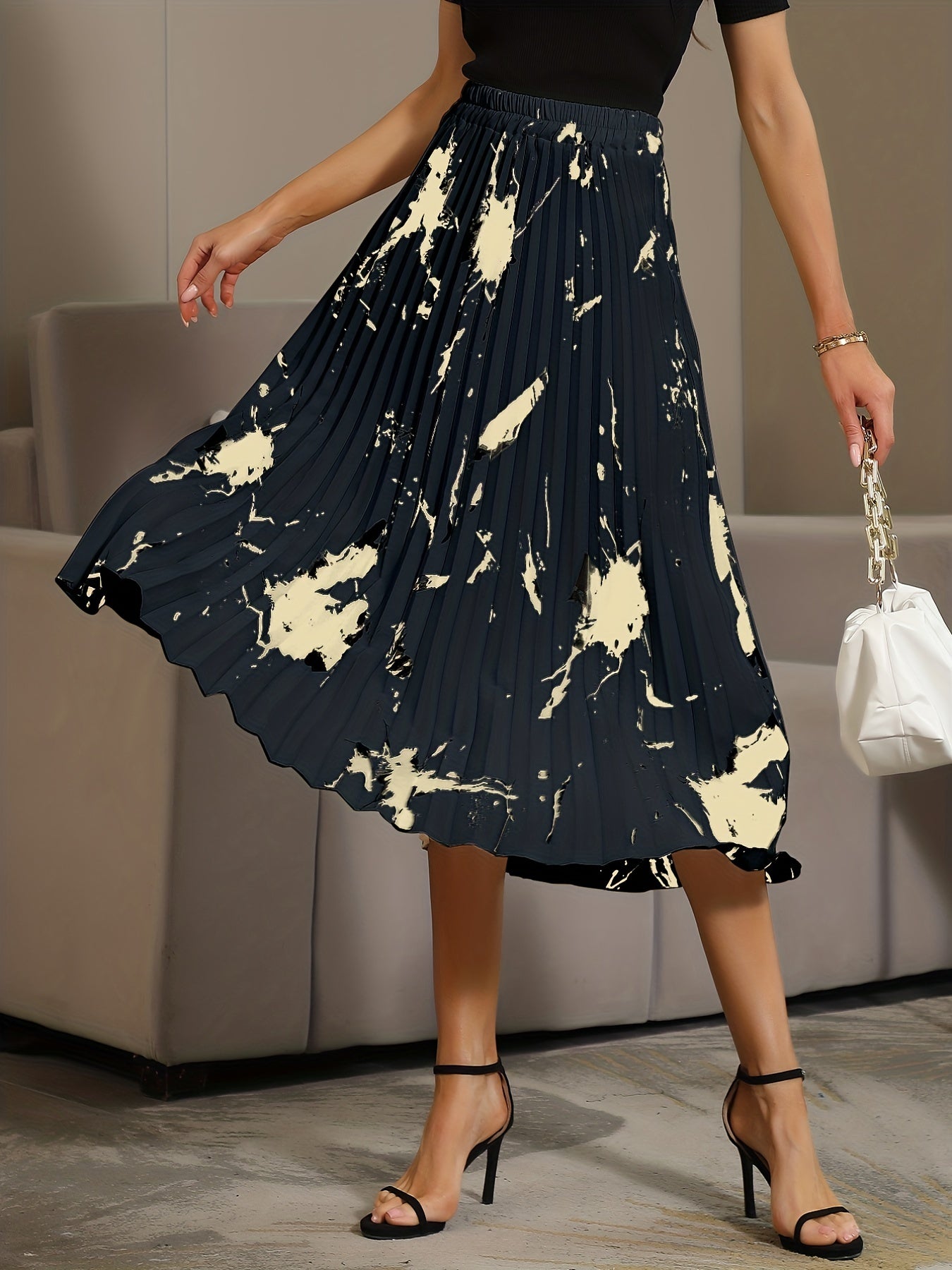 Graphic Print Pleated Skirt Elastic Waist Skirt for Spring & Summer