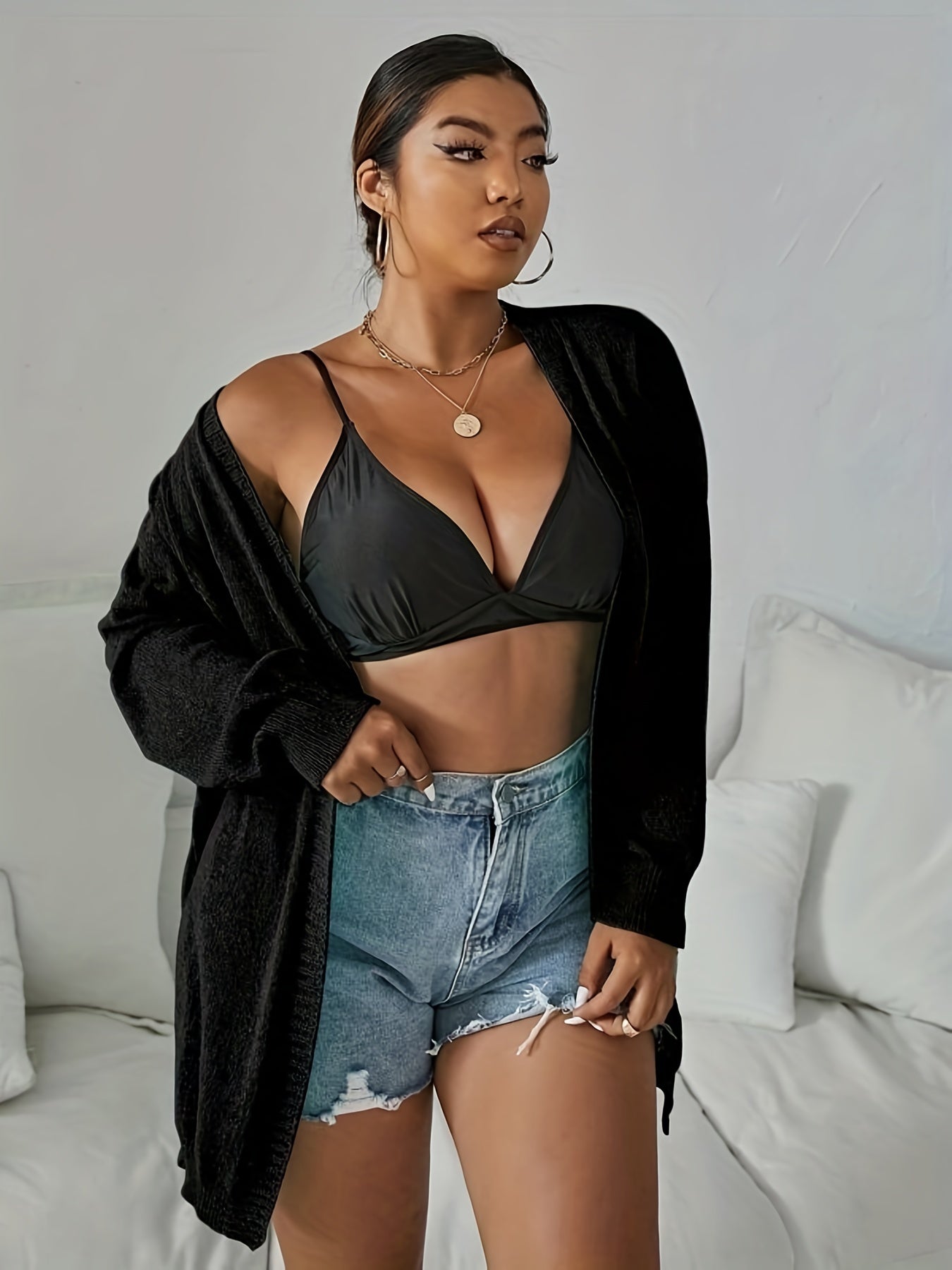 Women's Plus Open Front Long Sleeve Cardigan