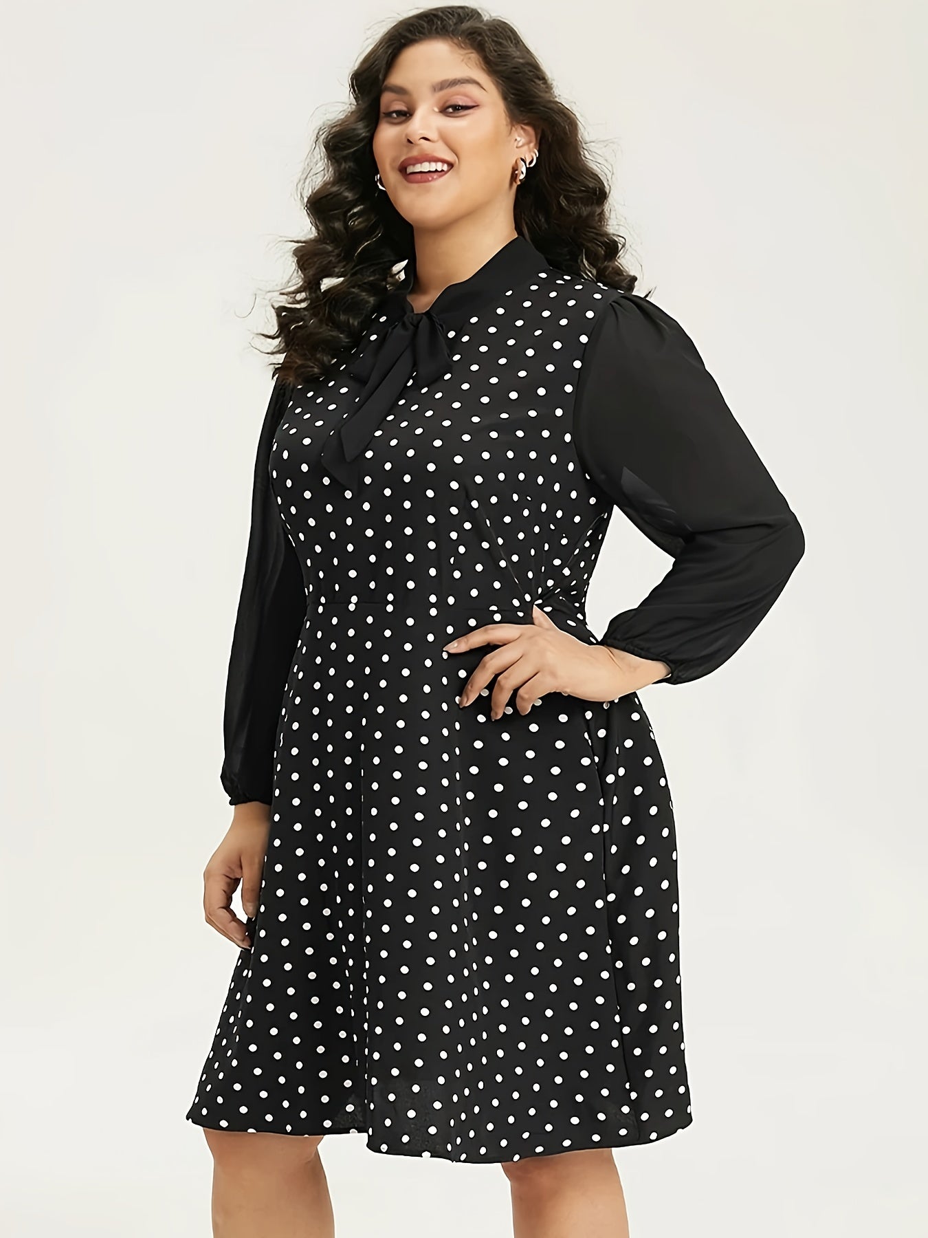 Polka Dot Long Sleeve Dress with Bow Knot