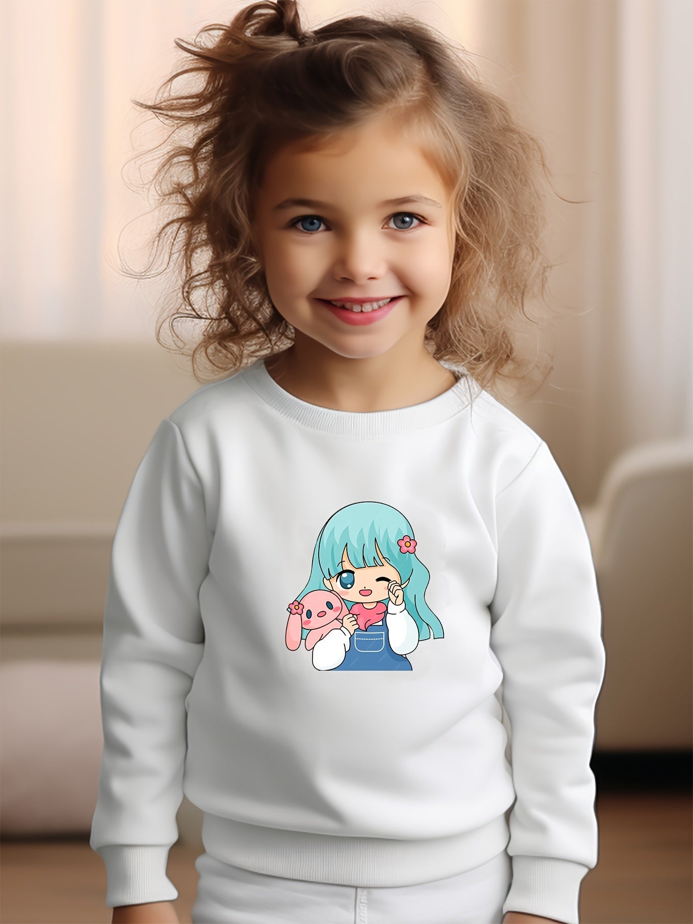 Girls Girl Pattern Crew Neck Long Sleeve Sweatshirt For Spring Fall