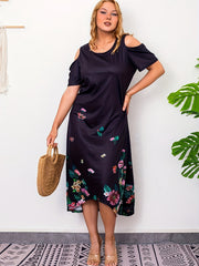 Floral Print Cold Shoulder Short Sleeve Round Neck Dress