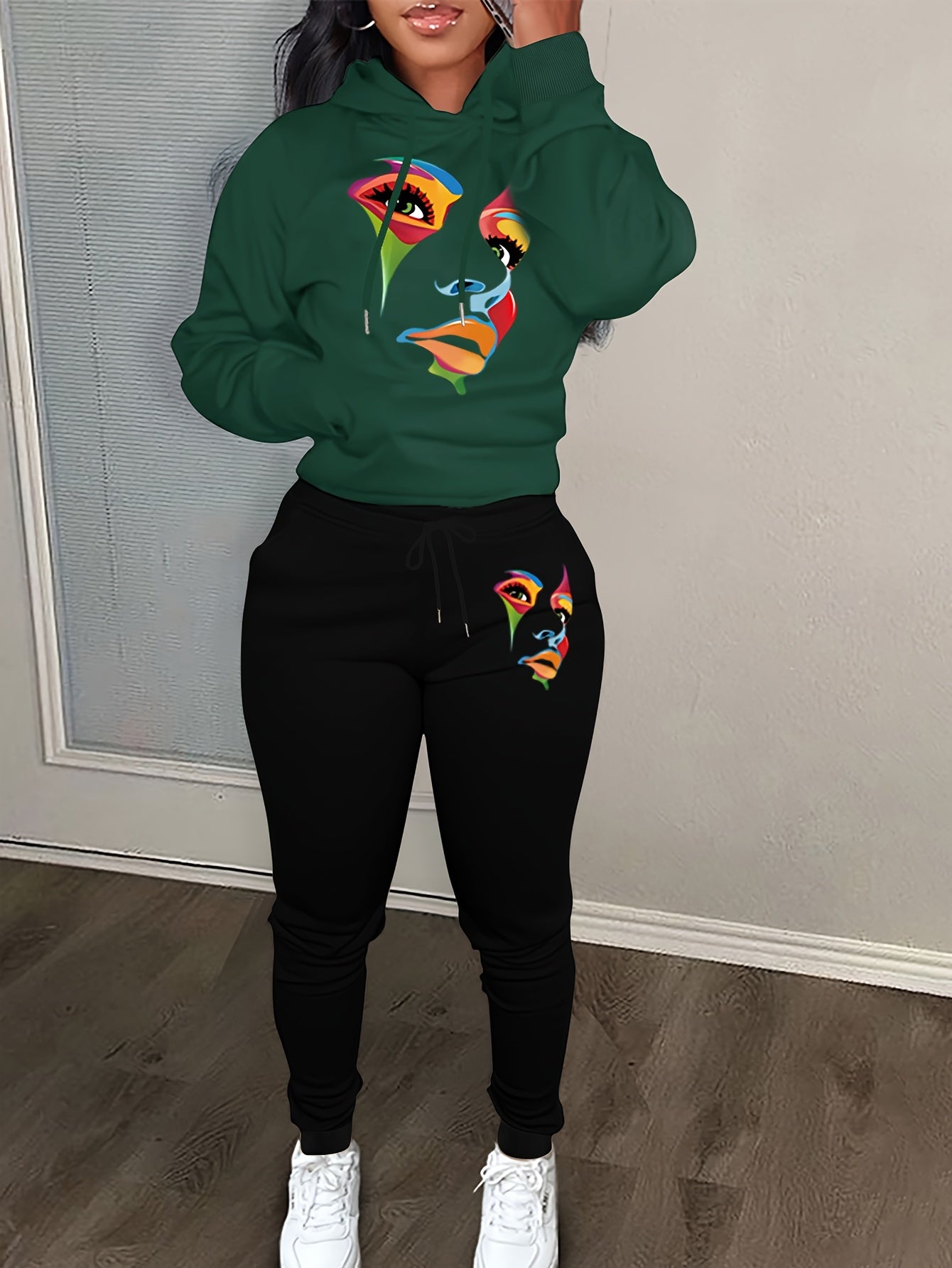 Women's Plus Size Abstract Figure Print Hoodie & Joggers 2 Piece Set