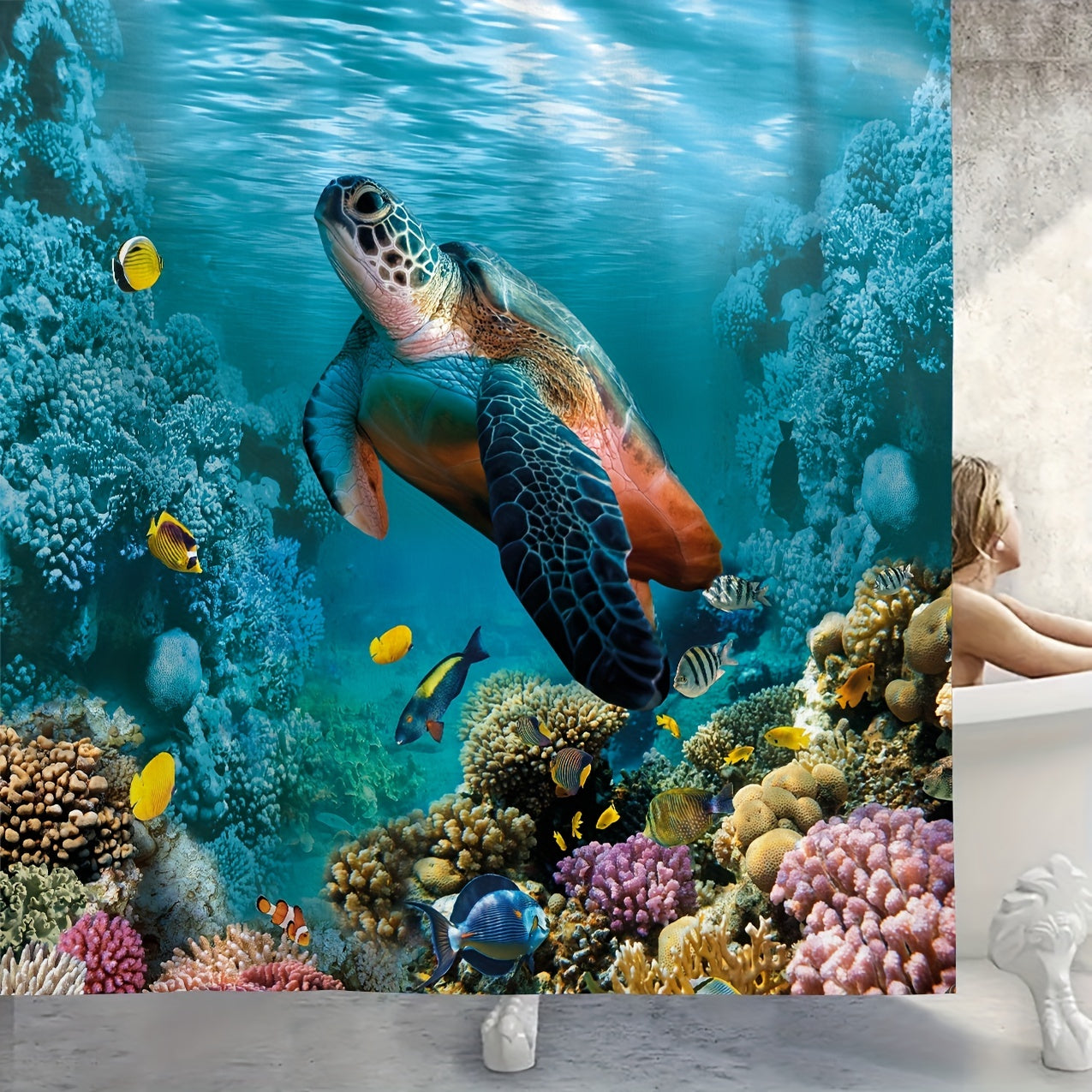 4pcs Waterproof Turtle Shower Curtain Set with 12 Hooks