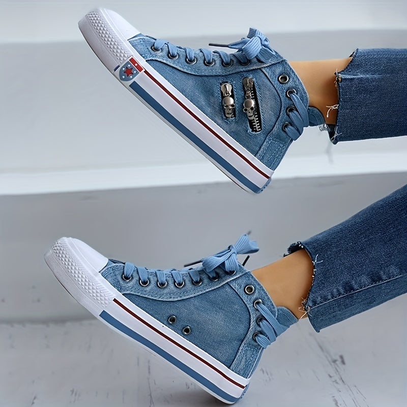 Women's Skull Zipper Denim High Top Sneakers