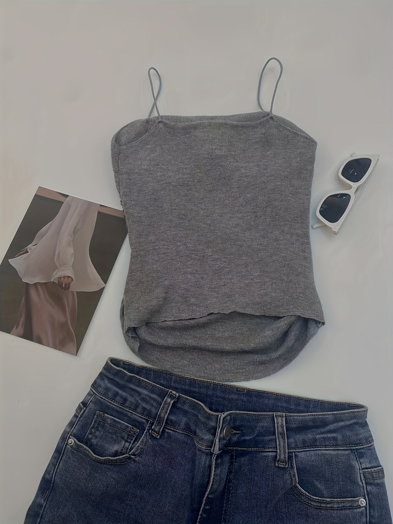 Solid Knitted Cami Top Round Neck Sleeveless Cami Top